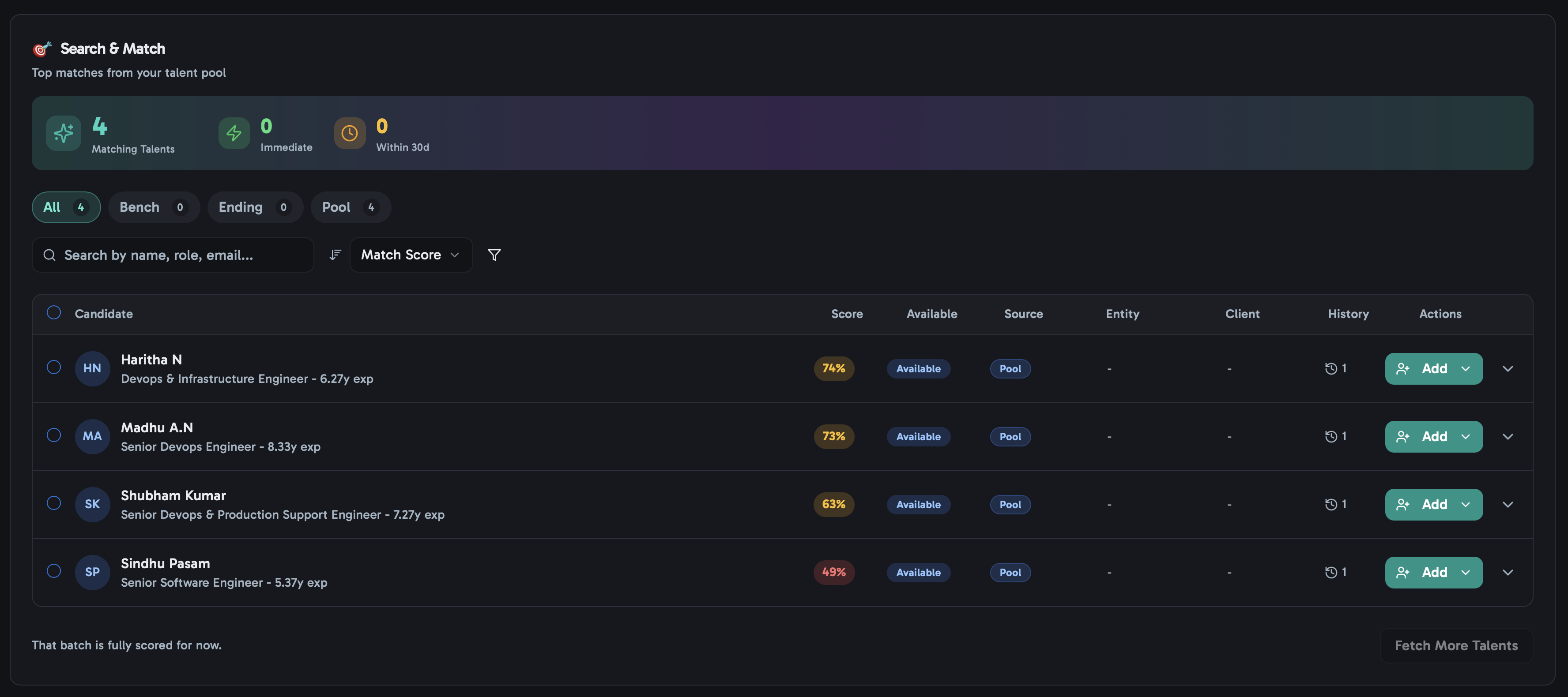 Ztal search and match view for talent pool candidates